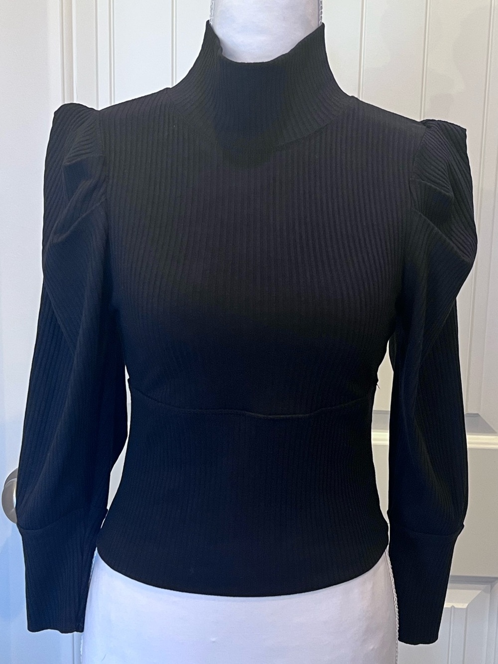 Free People Black Ribbed Mock Neck Puff Sleeve Long Sleeve Top Sz Medium